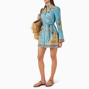 Alemais Cassie Belted Printed Blue Linen Mini Dress